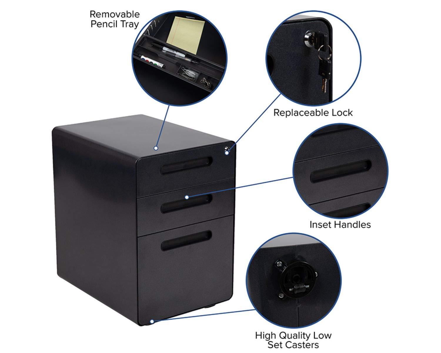 Flash Furniture Ergonomic 3-Drawer Mobile Locking Filing Cabinet with Anti-Tilt Mechanism and Hanging Drawer for Legal & Letter Files, Black