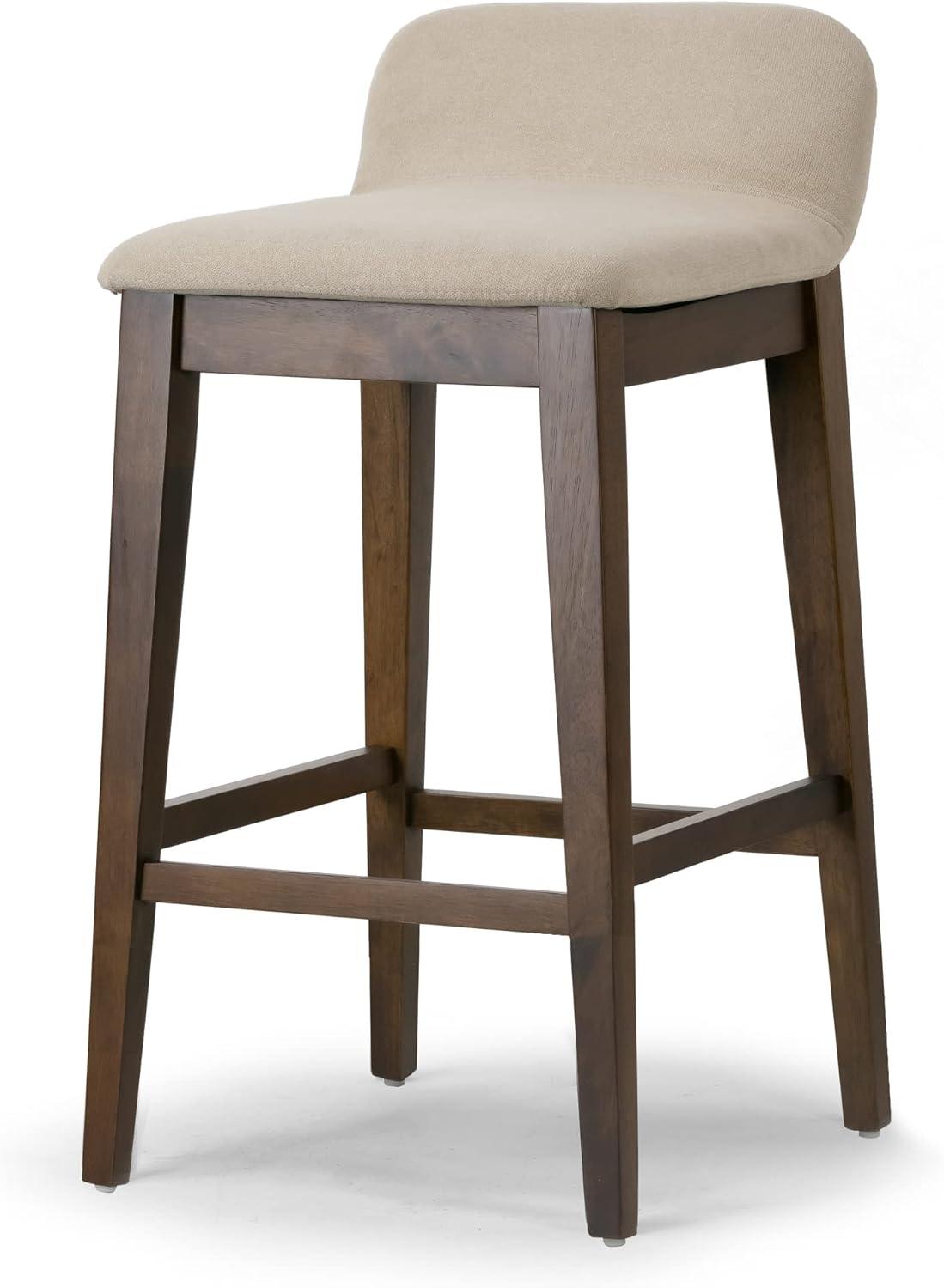 Set of 2 Beige Fabric and Dark Brown Wood Bar Stools