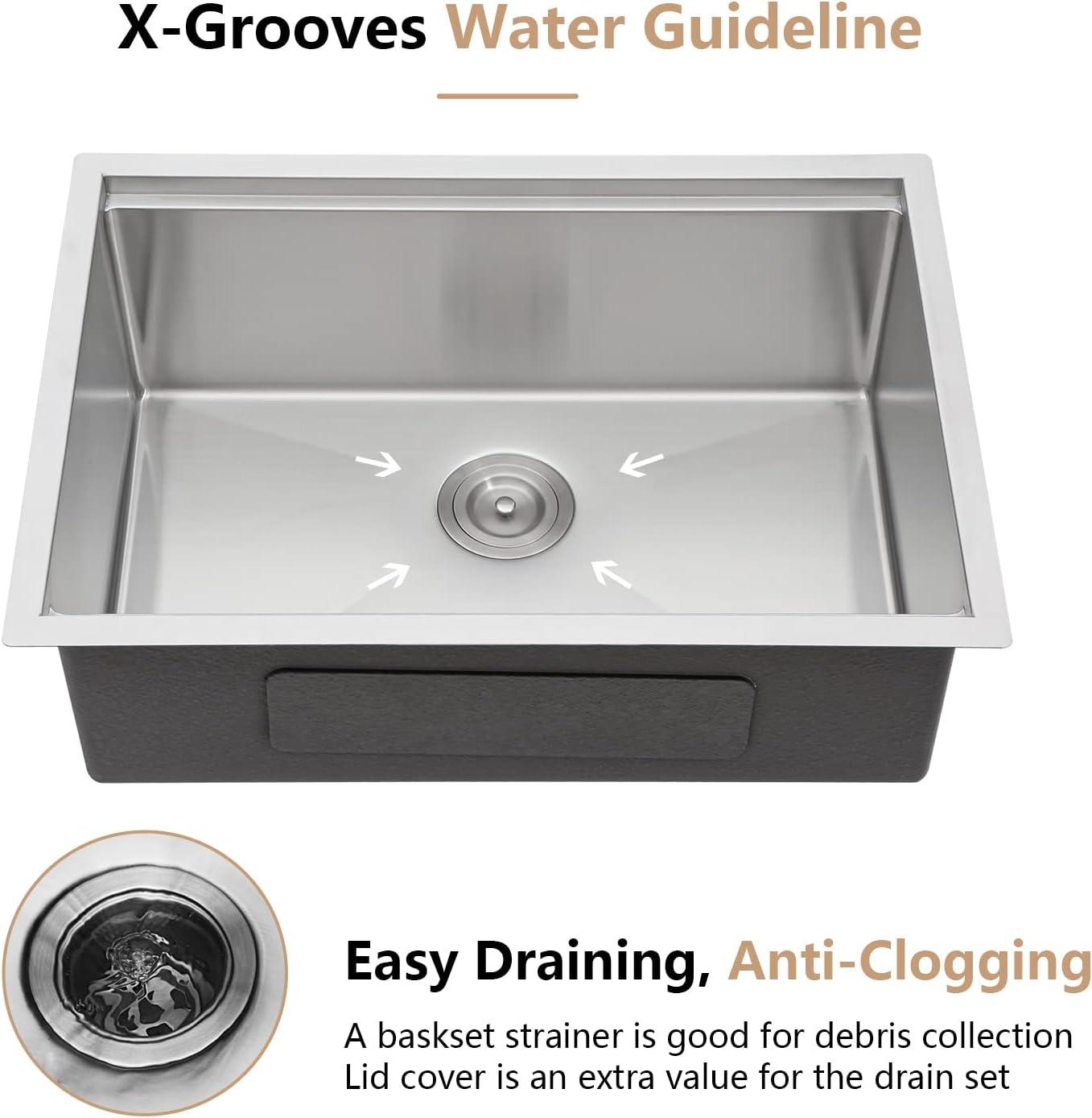 Dcolora 27 Inch Undermount Kitchen Sink Workstation 16 Gauge 304 Stainless Steel Large Single Bowl Under Counter Sinks, Round Corner 27"x19"x10", DC-U7703