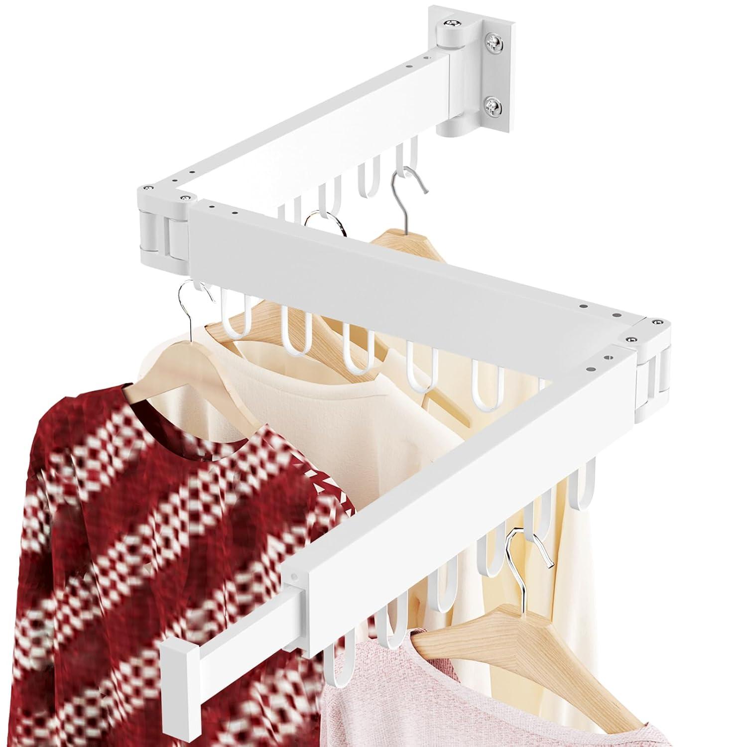 JAUREE Clothes Drying Rack Wall Mounted, Laundry Drying Rack Collapsible, Space Saving Wall Drying Rack Clothing Foldable, Tri-Fold Retractable Rack Outdoor Indoor with 18 Hooks, White