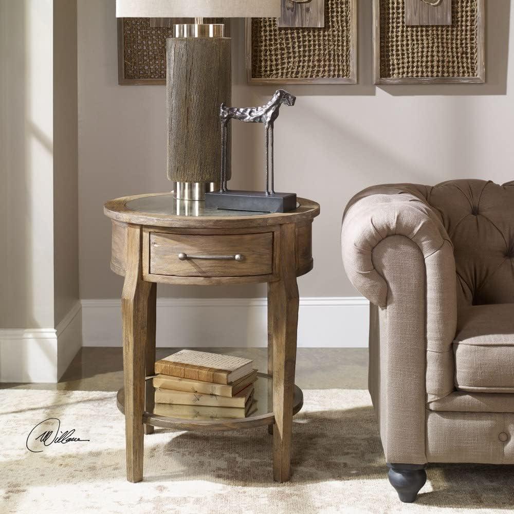 Rustic Brown Round Wood and Glass Side Table with Storage