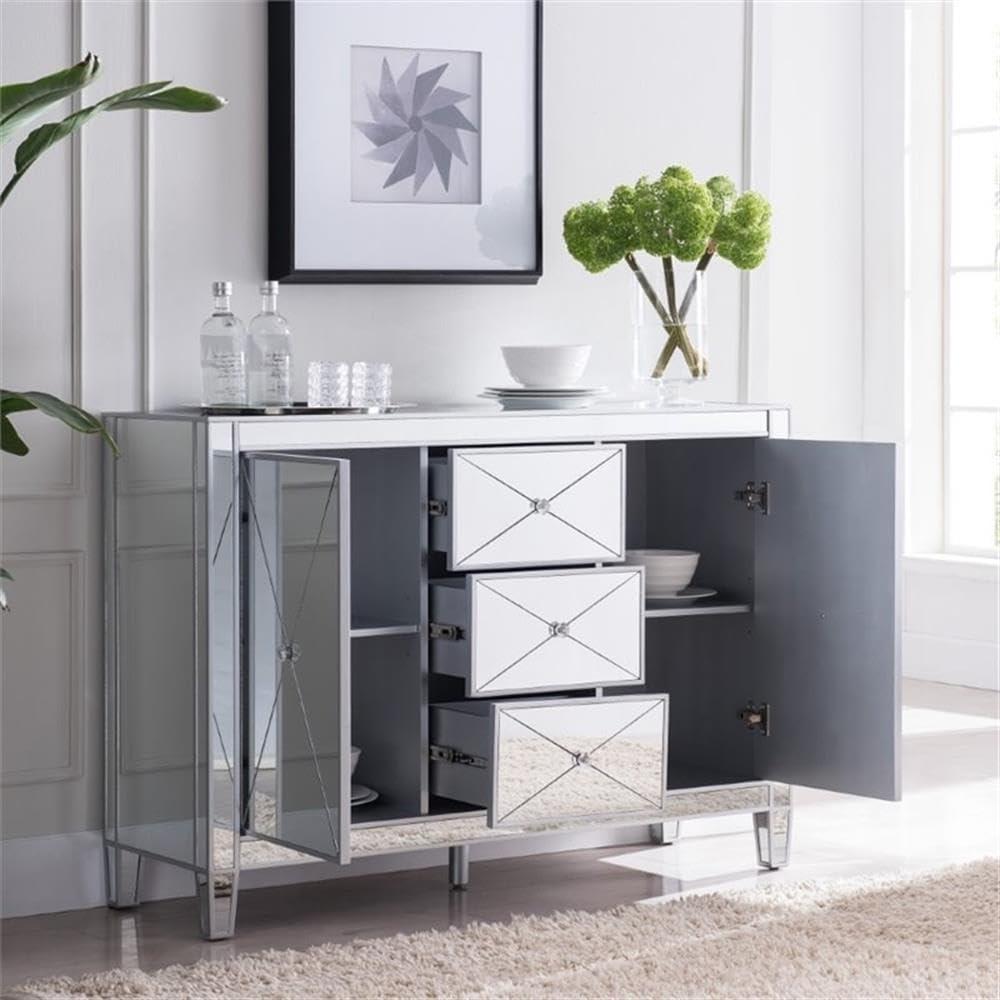 Maklaine Transitional 2 Door Mirrored Sideboard in Matte Silver