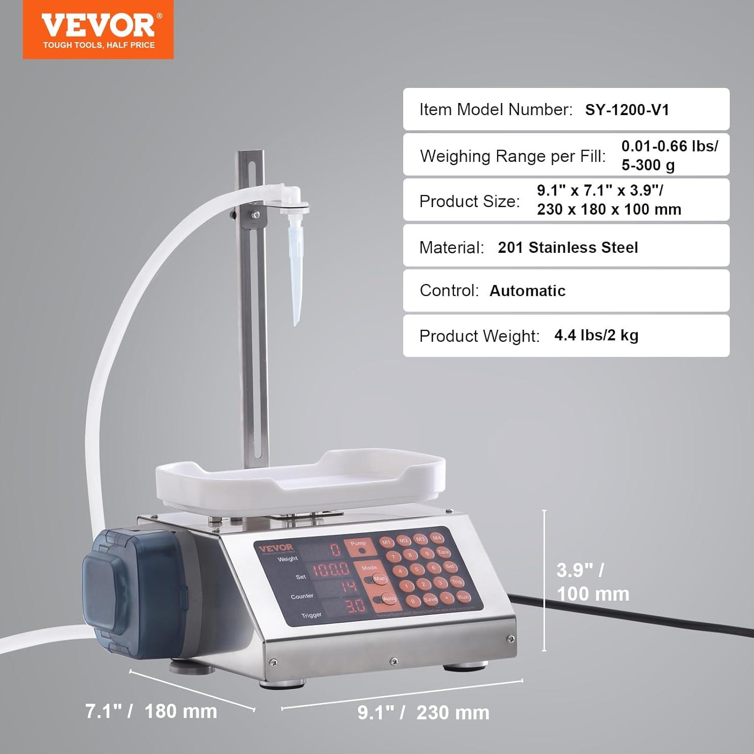 VEVOR Paste Liquid Filling Machine 5-300g,1L/min Flow Rate, Peristaltic Pump Digital Control Automatic Weighing Bottle Filling Machine for Soy Sauce, Drink, Vinegar, Milk, Alcohol,Low Viscous Liquids