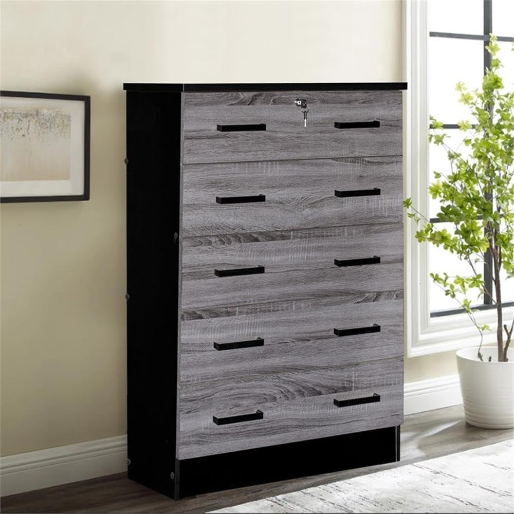 Cindy 5 Drawer Chest Wooden Dresser with Lock, Ebony Black