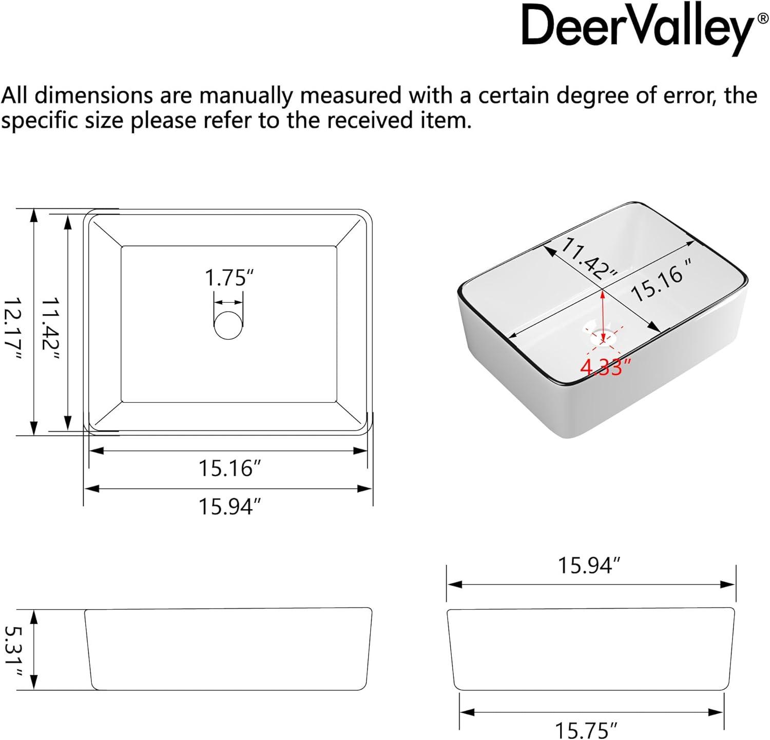 DeerValley DV-1V0317 Deervalley Liberty 16'' X 12'' Rectangular Vitreous China Vessel Bathroom Sink, White With Black Striped Edge