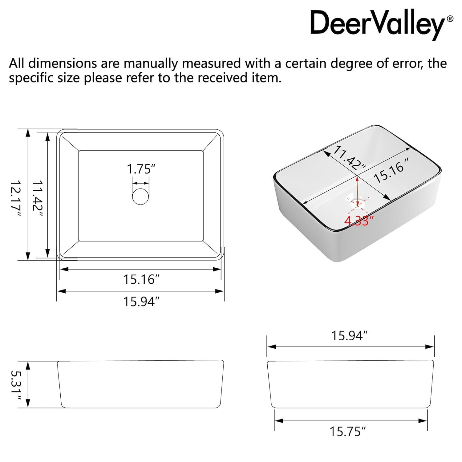 DeerValley DV-1V0317 Deervalley Liberty 16'' X 12'' Rectangular Vitreous China Vessel Bathroom Sink, White With Black Striped Edge