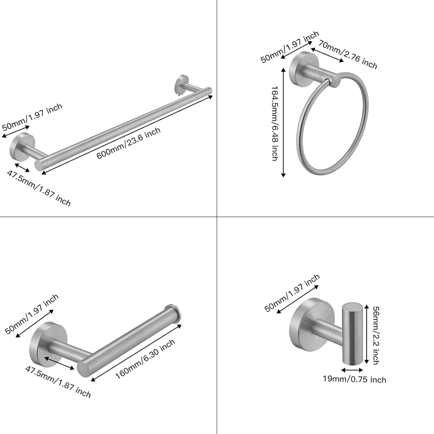 5-Piece Bathroom Hardware Set Matte Black Accessories Include 24-Inch Towel Bar, Towel Ring, Toilet Paper Holder and Robe Hooks Stainless Steel Wall Mounted Towel Hanger