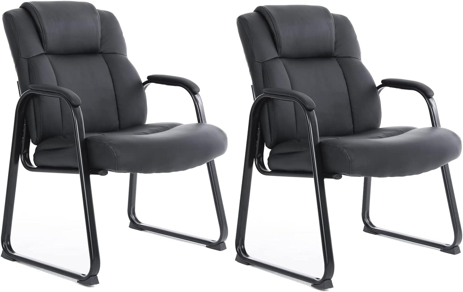 Black Leather Guest Chair with Metal Frame and Padded Armrests