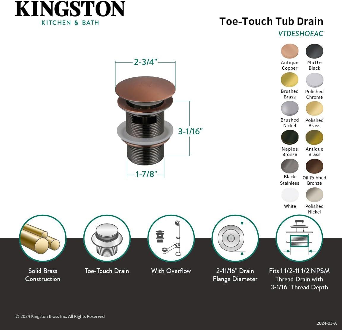 Polished Chrome Brass Toe-Touch Tub Drain with Overflow