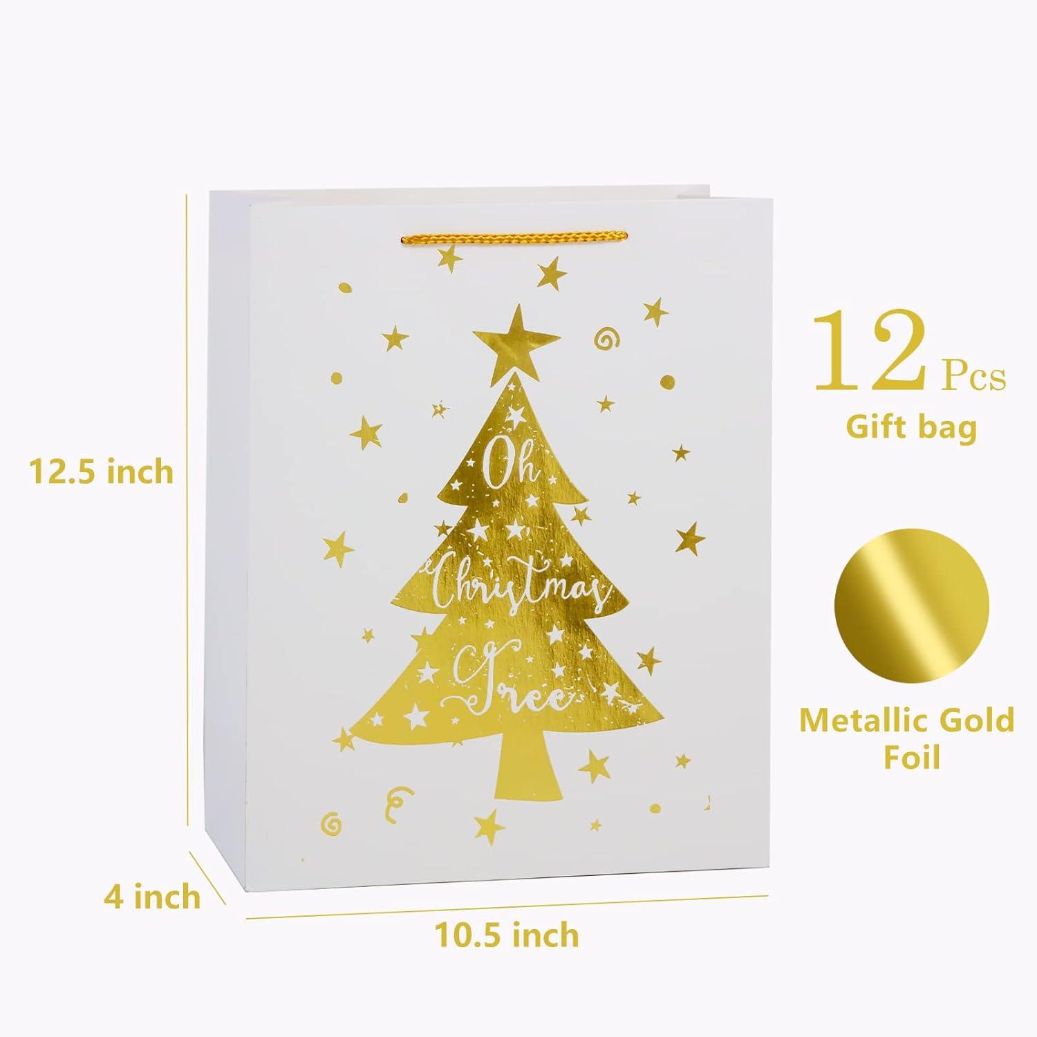 UNIQOOO 12Pcs Large White & Metallic Gold Foil Gift Bags, 4 Assorted Xmas Tree Snowflake Designs, Perfect for Christmas Thanksgiving New Year Party Favor