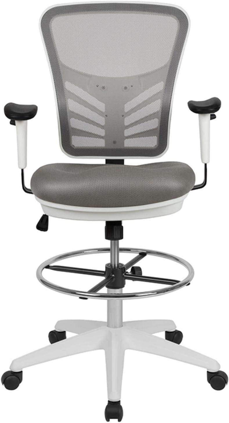 ErgoFlex Light Gray Mesh Drafting Chair with White Frame and Chrome Accents