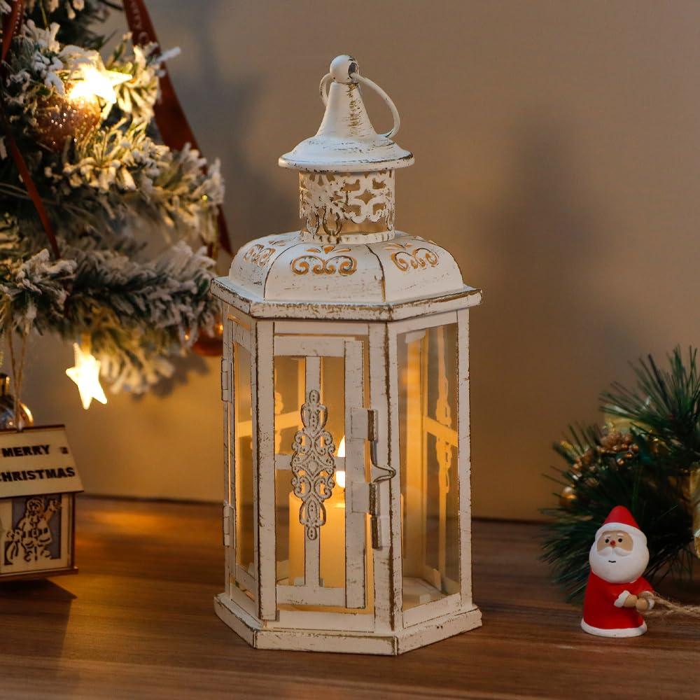 JHY DESIGN Decorative Candle lantern-10inch High Vintage Style Hanging Lantern Metal Candleholder for Indoor Outdoor Events Parities and Weddings (White with Gold Brush)