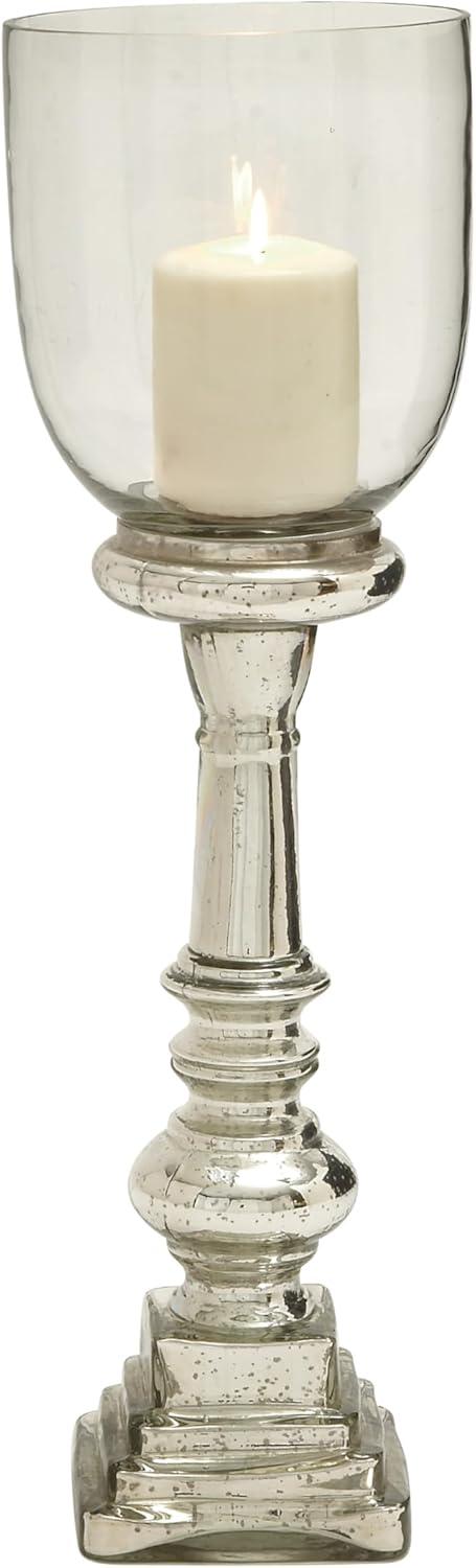 DecMode Silver Glass Handmade Turned Style Pillar Hurricane Lamp with Faux Mercury Glass Finish