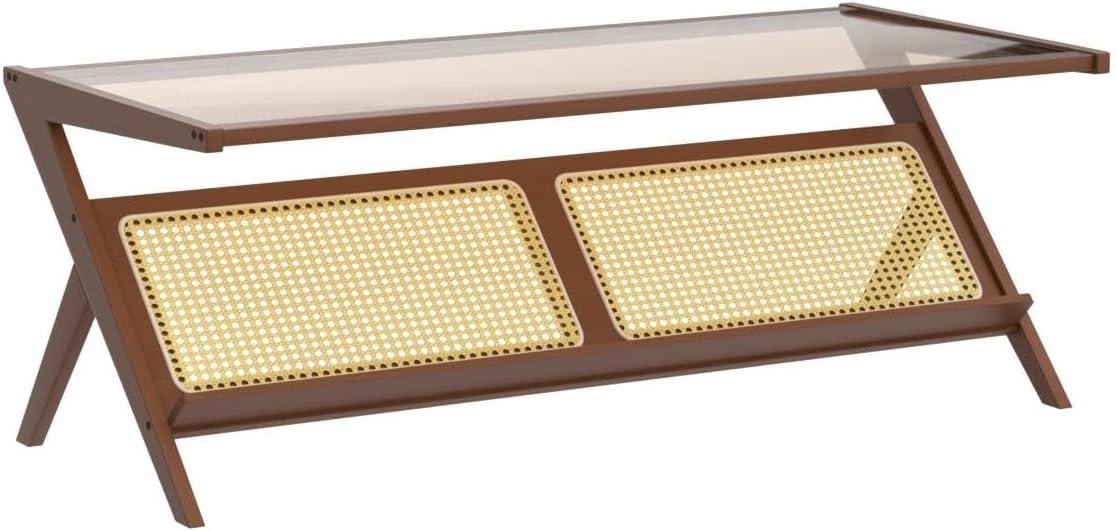 Bamworld Mid-Century Modern Coffee Table with Glass Top Rattan Center Table with Storage for Living Room Table Brown