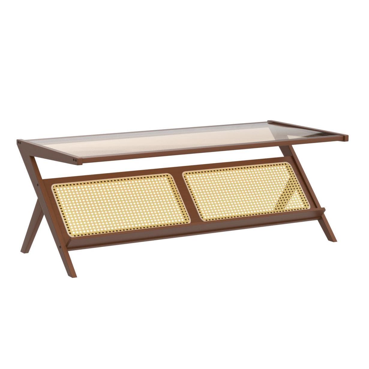 Bamworld Mid-Century Modern Coffee Table with Glass Top Rattan Center Table with Storage for Living Room Table Brown