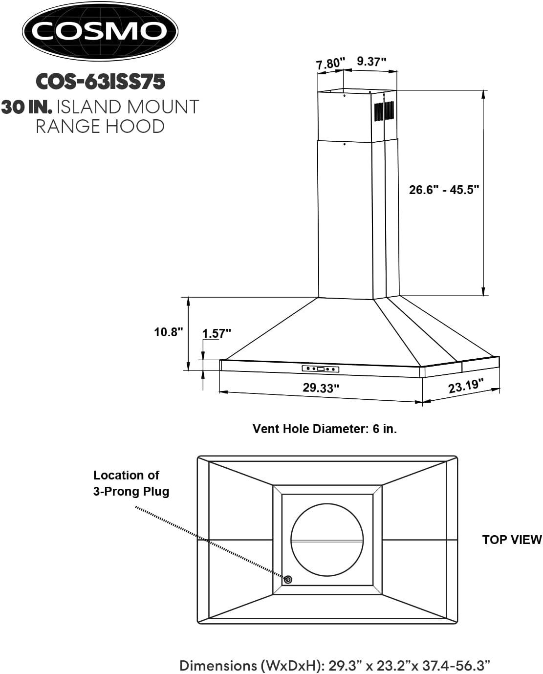 Cosmo 30" 380 CFM Ducted Island Range Hood Kitchen Hood in Stainless Steel