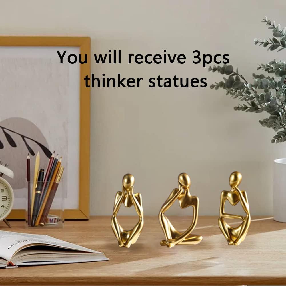 3pcs Modern Abstract Statues Sculpture,Resin Artistic Thinker Figure Thinking Man Figurines Desktop Decorations Artist Crafts for Home Office Shelf Bookshelf Decor,Gold