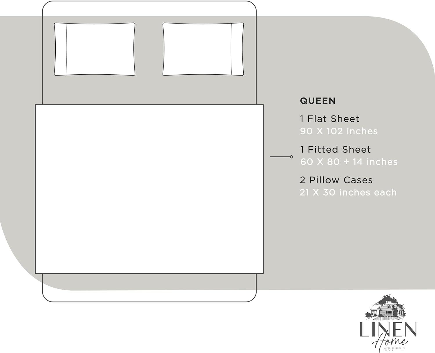 100% Cotton Percale Sheets Queen Size, White, Deep Pocket, 4 Piece - 1 Flat, 1 Deep Pocket Fitted Sheet and 2 Pillowcases, Crisp Cool and Strong Bed Linen