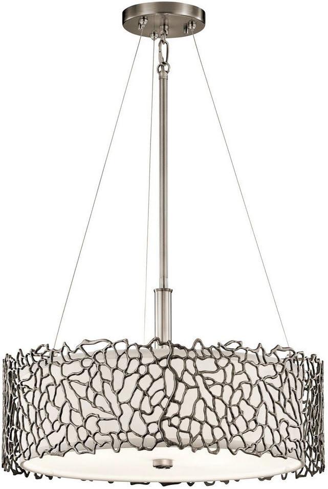 Silver Coral 11" 3 Light Convertible Pendant with Etched Diffuser and White Fabric Shade in Classic Pewter