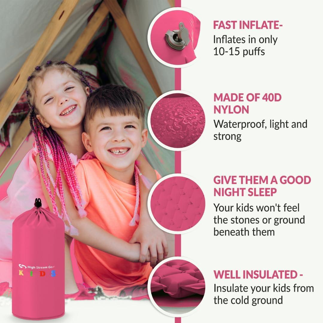 Pink Inflatable Kids Sleeping Pad with Built-In Pillow