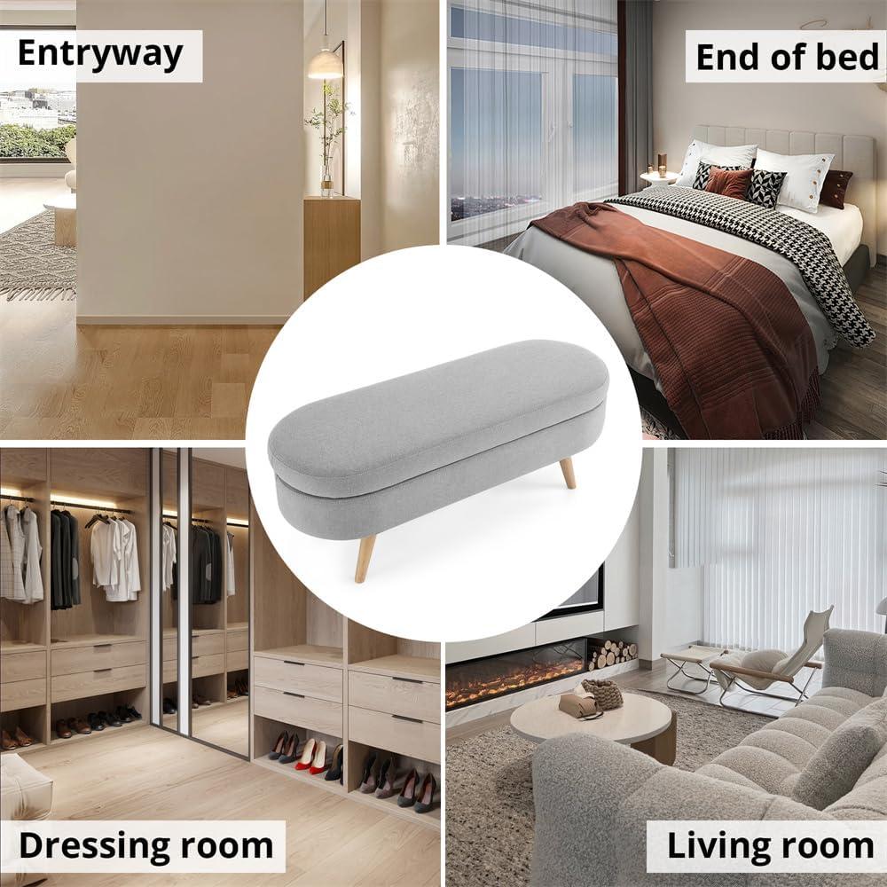 Sumdeal 43.5" Storage Ottoman Bench with 250lb Seating, Linen Upholstered Wood Legs Safety Hinge Flip Top Oval Foot Rest Long Stool for Sofa Couch Bedroom End of Bed Living Room Entryway, Grey
