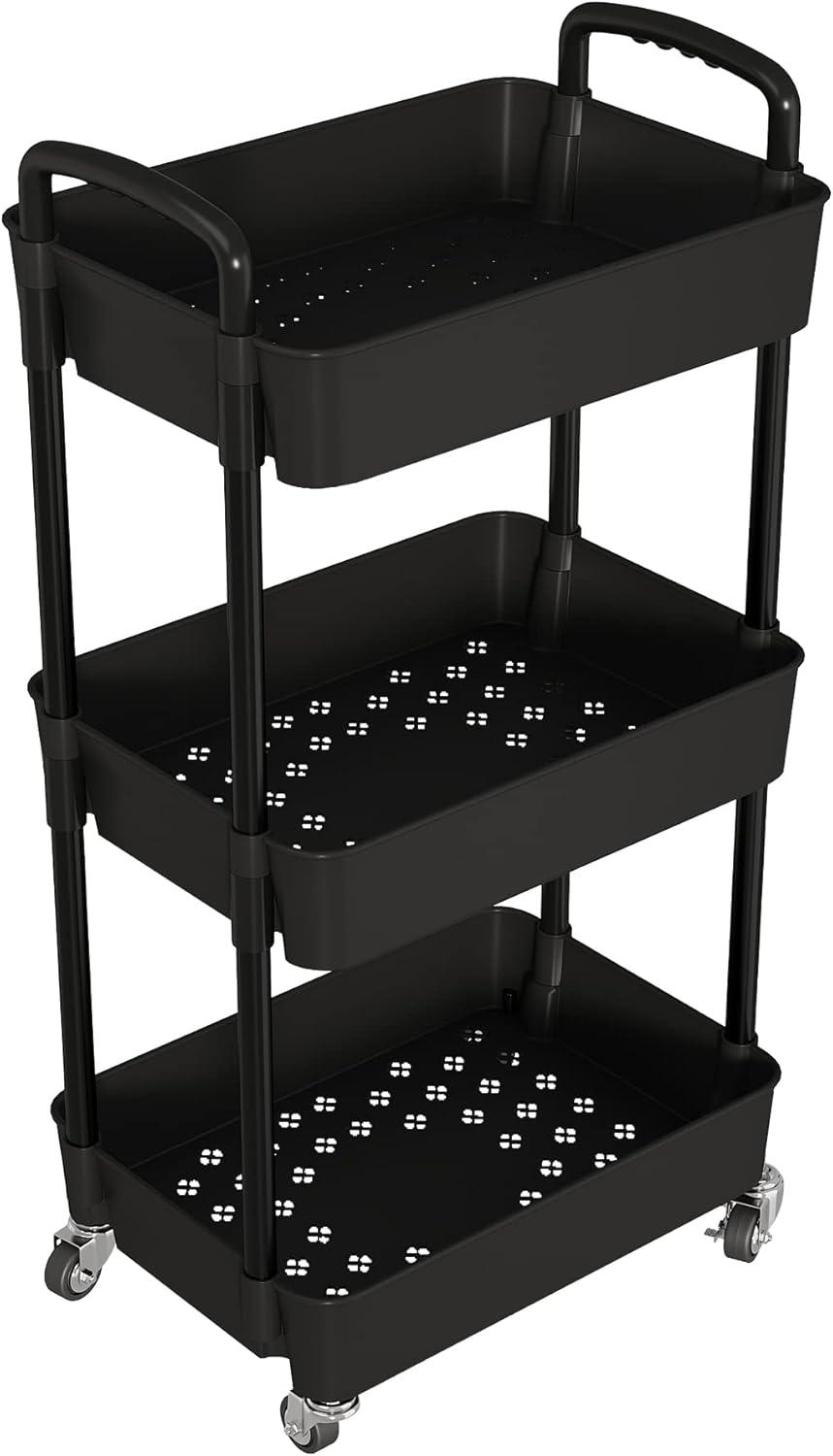 Black 3-Tier Rolling Kitchen Storage Cart with Lockable Wheels