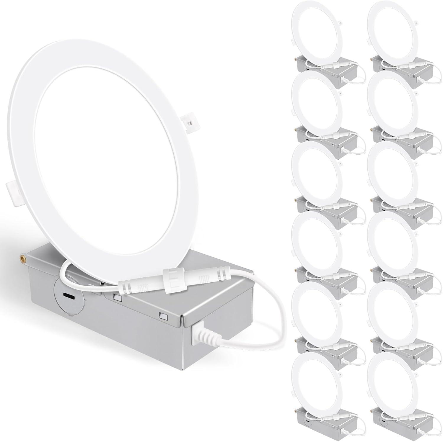 12 Pack Ultra-Thin White LED Recessed Ceiling Lights with Junction Box