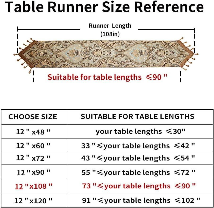 Luxury Vintage Design Table Runners 108 inches long Embroidery Jacquard Fabric with Multi-Tassels table runners for Dining Room Dresser Wedding holiday Party fireplace Decorations (Coffee, 12X108inch)