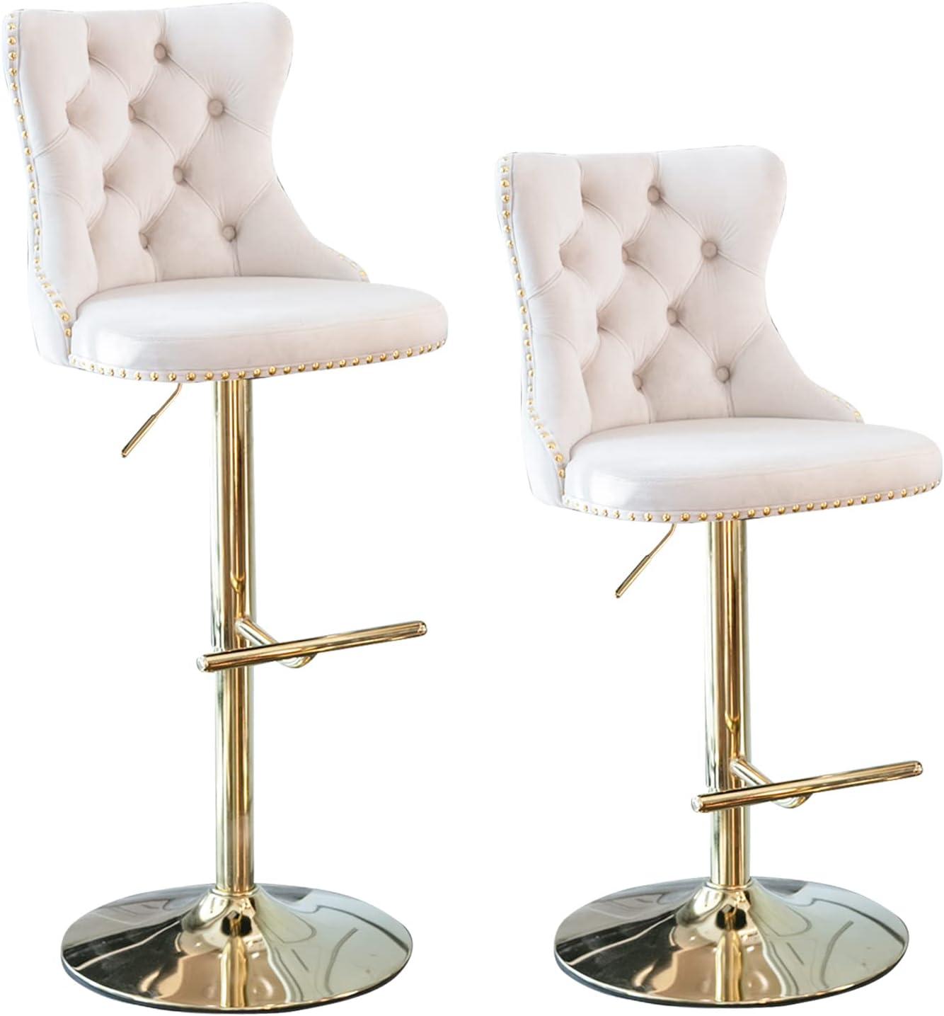 Bar Stools Set of 2, Swivel Barstools with Nailheads Trim, Velvet Button Tufted Back and Golden Footrest, Adjustable Counter Height Bar Stools for Kitchen Counter,Home Bar,Pub, Beige