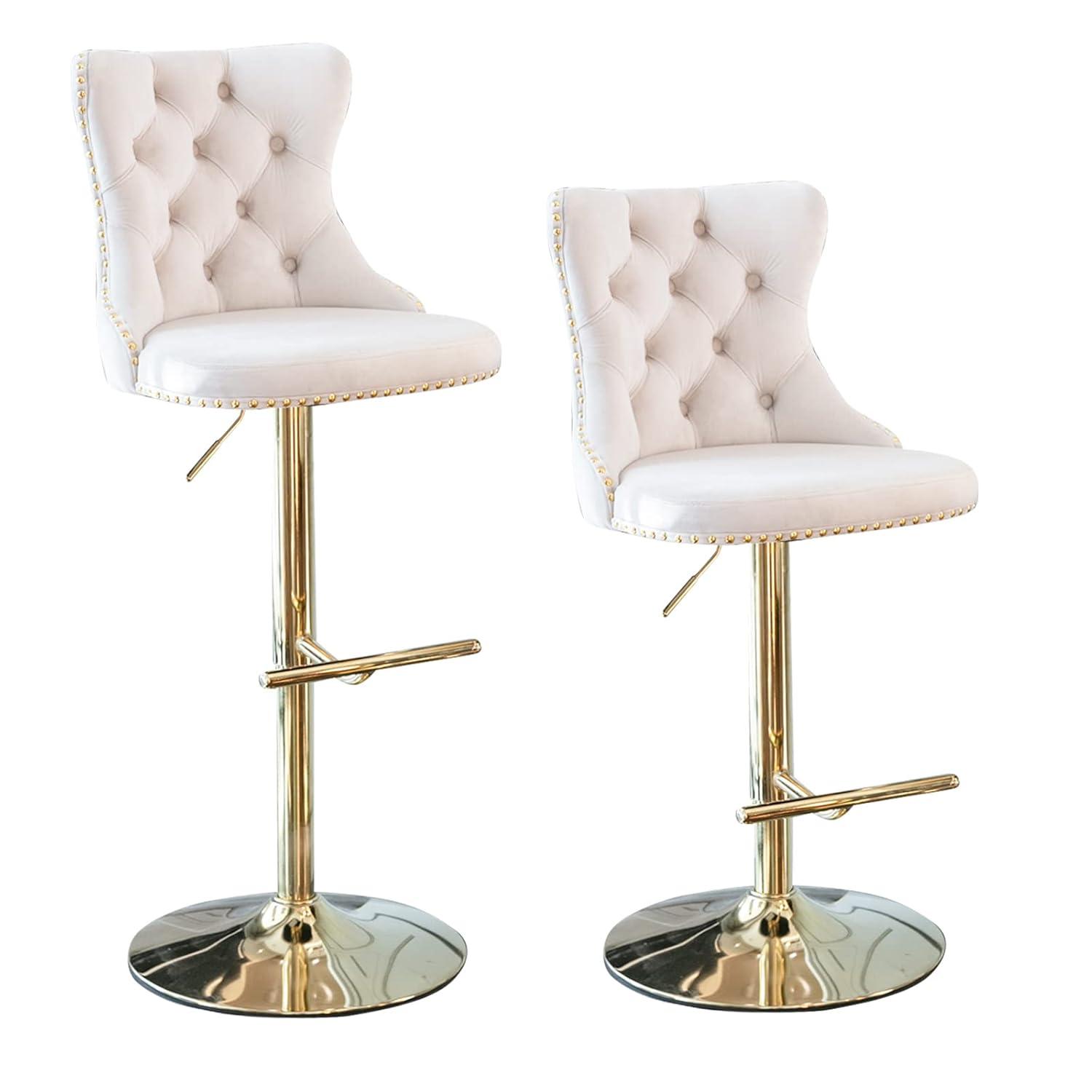 Bar Stools Set of 2, Swivel Barstools with Nailheads Trim, Velvet Button Tufted Back and Golden Footrest, Adjustable Counter Height Bar Stools for Kitchen Counter,Home Bar,Pub, Beige