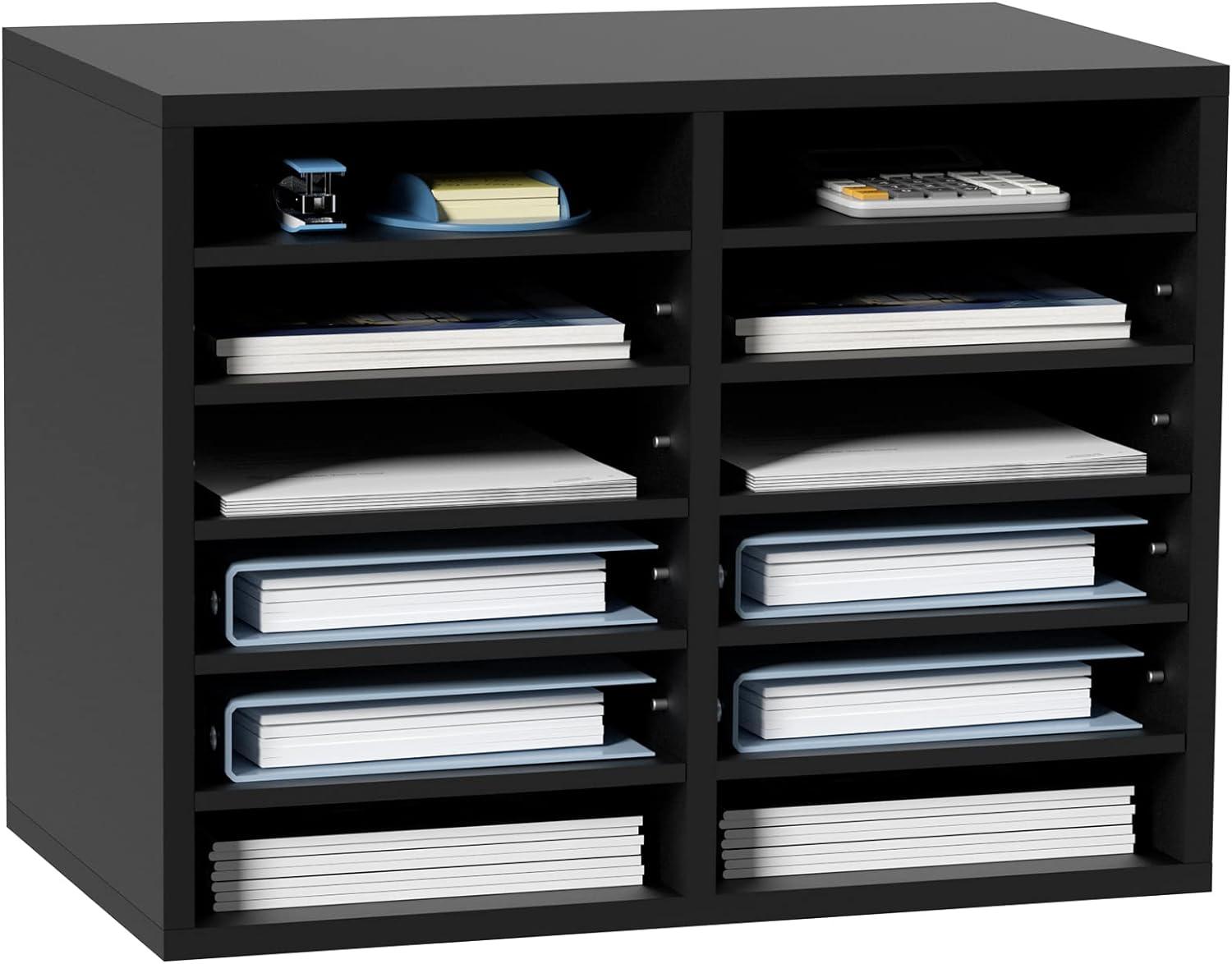 Black Wood 12-Compartment Adjustable Literature Organizer