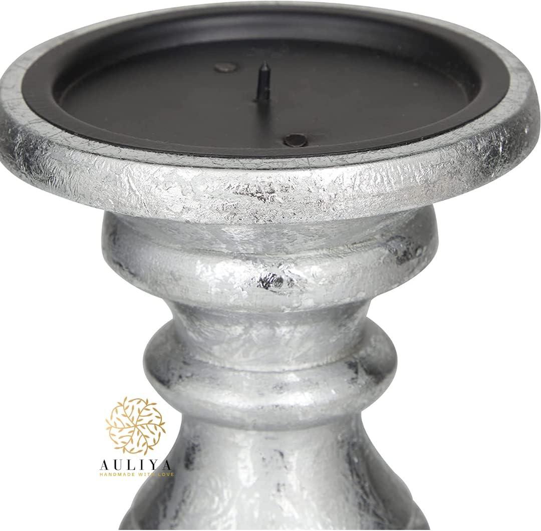AULIYA Wooden Candle Holders Pillar Candles Holder Rustic Wood Stand Decorative Polish Candlestick Set of 3 for Home Decor - 6" 8" 10" Silver