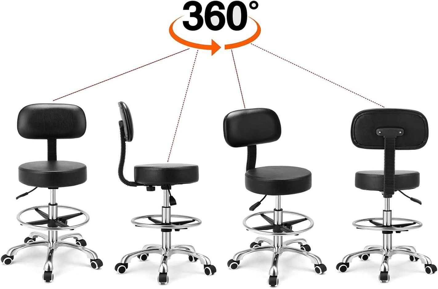 Kaleurrier Rolling Stool Salon Chair with Smooth-Rolling Wheels 360-degree Swivel Seat Heavy Duty Hydraulic Height Adjustable High Barber Cutting Stools (Black, with Backrest)