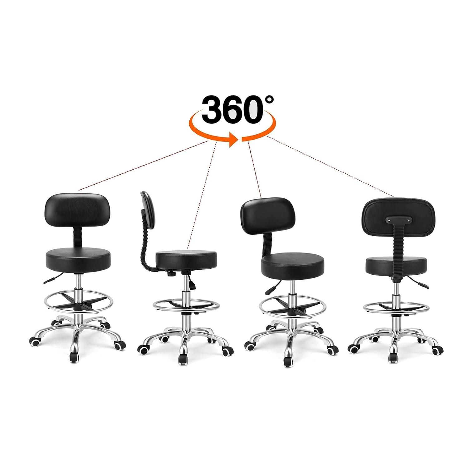 Kaleurrier Rolling Stool Salon Chair with Smooth-Rolling Wheels 360-degree Swivel Seat Heavy Duty Hydraulic Height Adjustable High Barber Cutting Stools (Black, with Backrest)