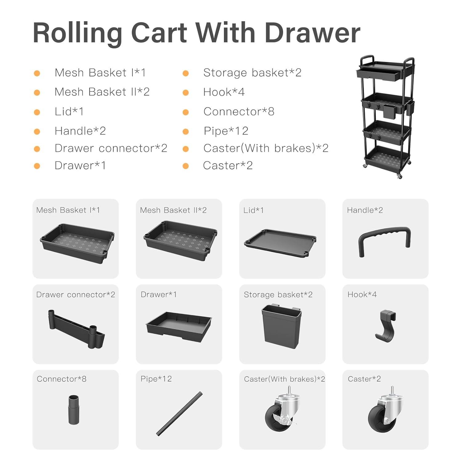 3 Tier Rolling Utility Cart with Drawer,REBECAT Utility Cart Made of Multifunctional Storage Organizer Tool for Kitchen,Bathroom,Living Room,Office(Black)