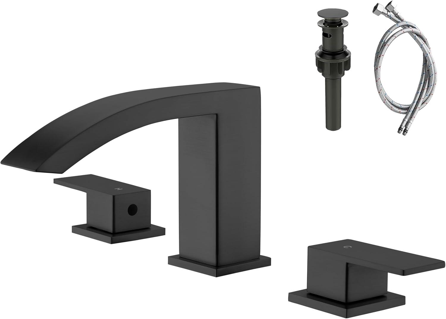 Waterfall Bathroom Sink Faucet, 3 Holes Two Handles Bathroom Faucet with Pop Up Drain and 2 Water Supply Lines, 8 inch Widespread Bathroom Sink Faucet Matte Black