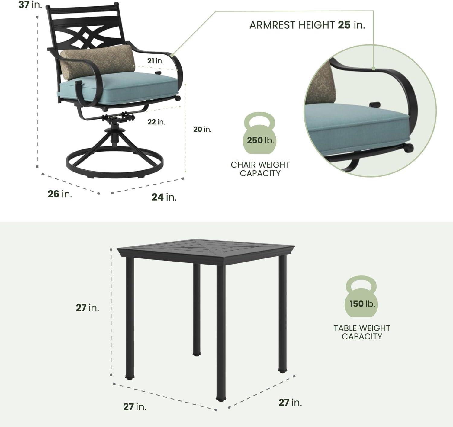 Hanover Montclair 3-Piece All-Weather Outdoor Patio Bistro Dining Set, 2 Swivel Rocker Chairs with Comfortable Seat and Lumbar Cushions, 27" Square Stamped Rectangle Table, MCLRDN3PCSW2-NVY