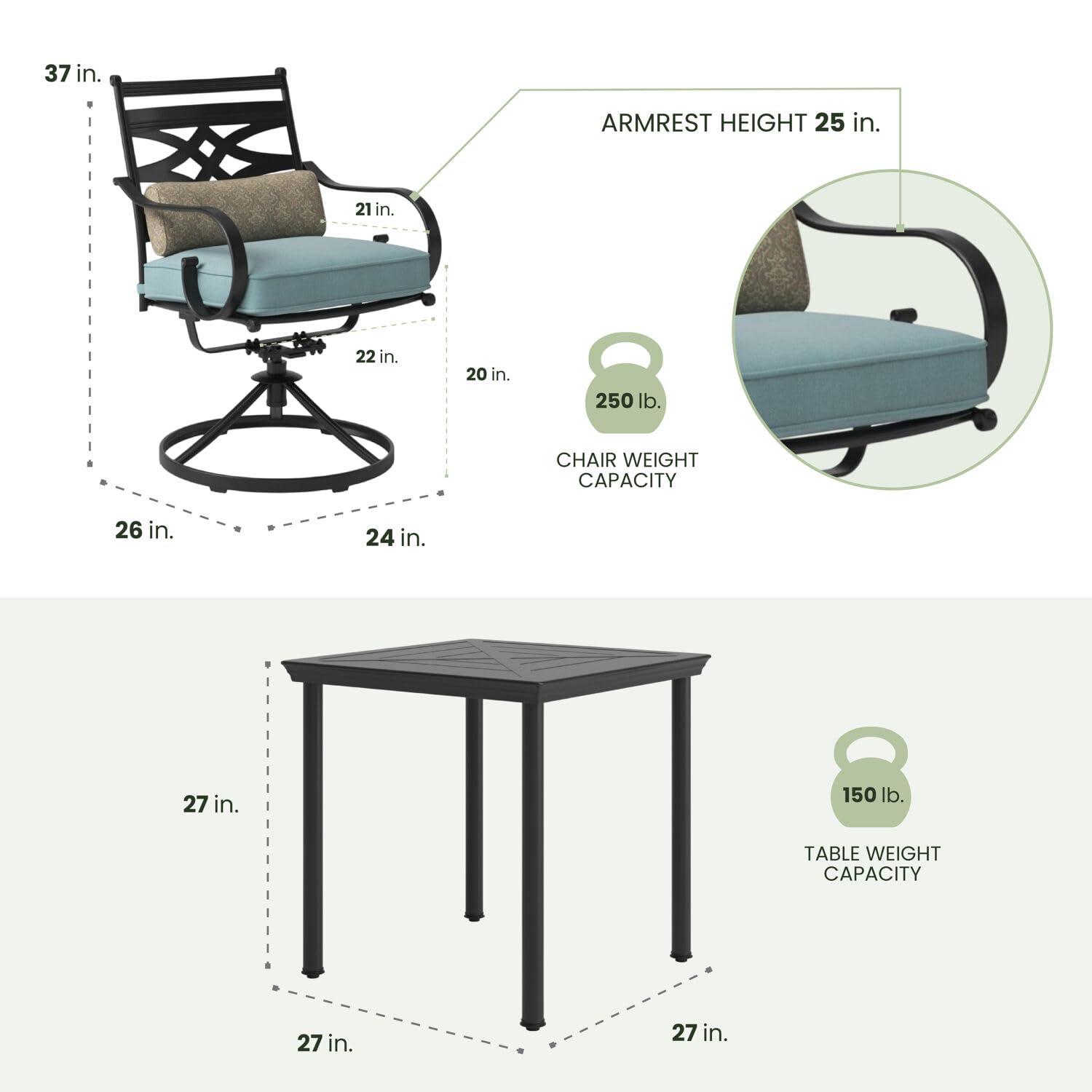 Hanover Montclair 3-Piece All-Weather Outdoor Patio Bistro Dining Set, 2 Swivel Rocker Chairs with Comfortable Seat and Lumbar Cushions, 27" Square Stamped Rectangle Table, MCLRDN3PCSW2-NVY