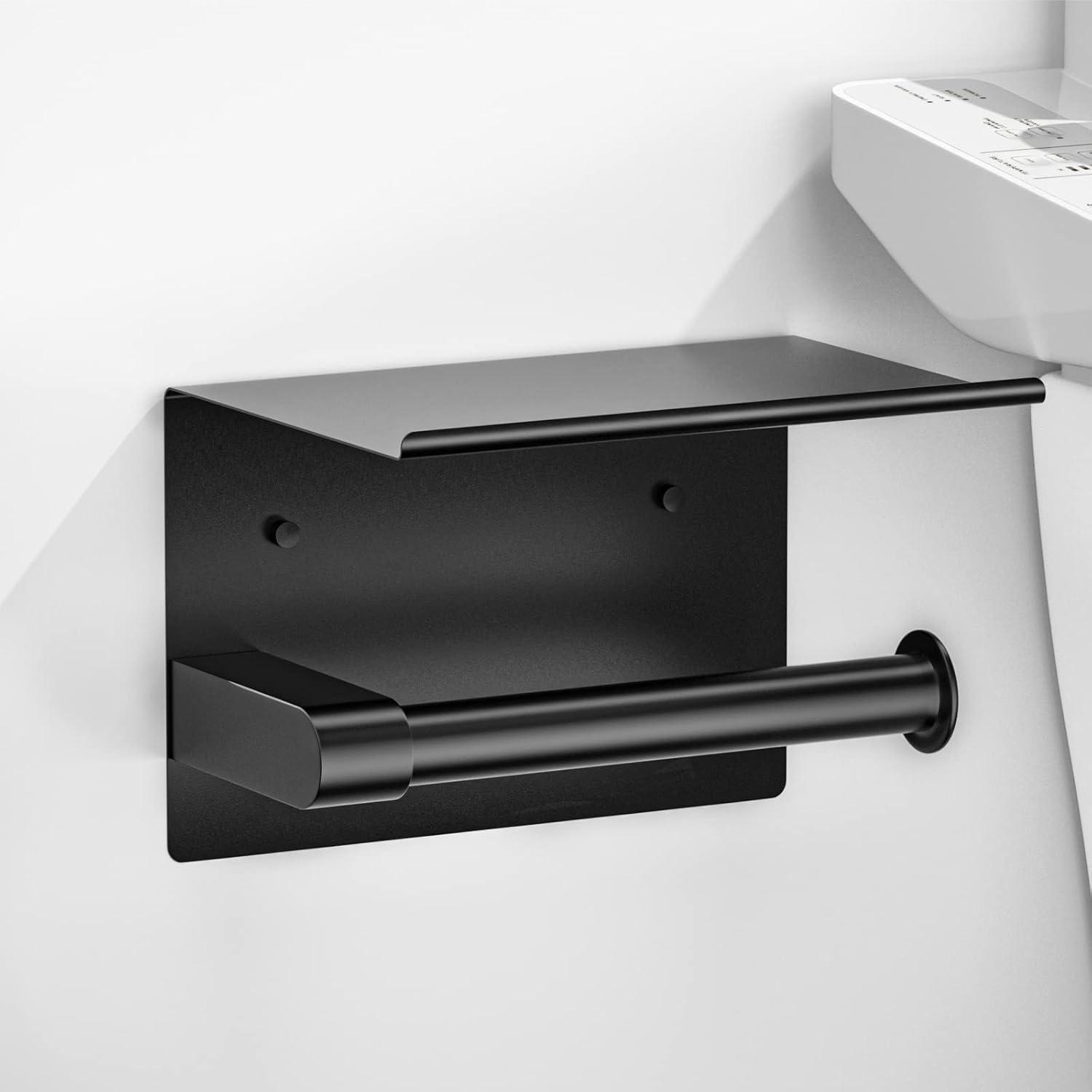 Rustproof Matte Black Wall Mount Toilet Paper Holder with Shelf - Self Adhesive for Bathroom