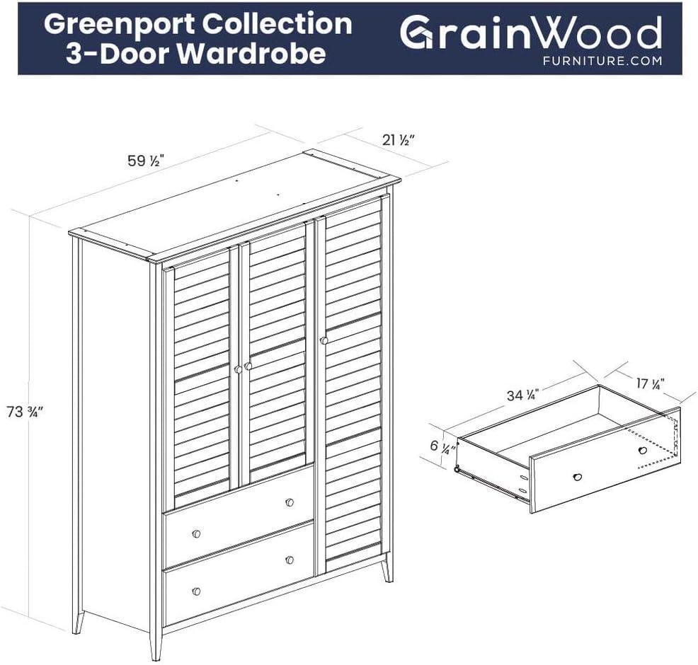 Brushed White Solid Pine Coastal 3-Door Armoire