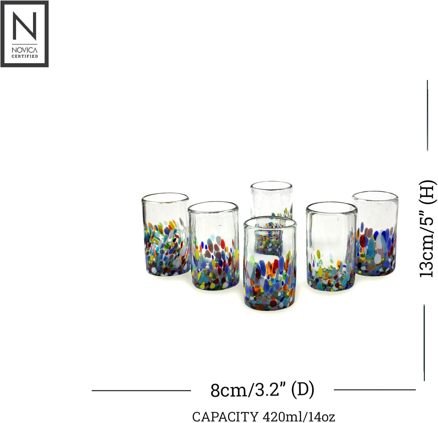 NOVICA Artisan Crafted Recycled Hand Blown Glass Water Glasses, Multicolor, 14 Oz, 'Confetti' (Set Of 6)