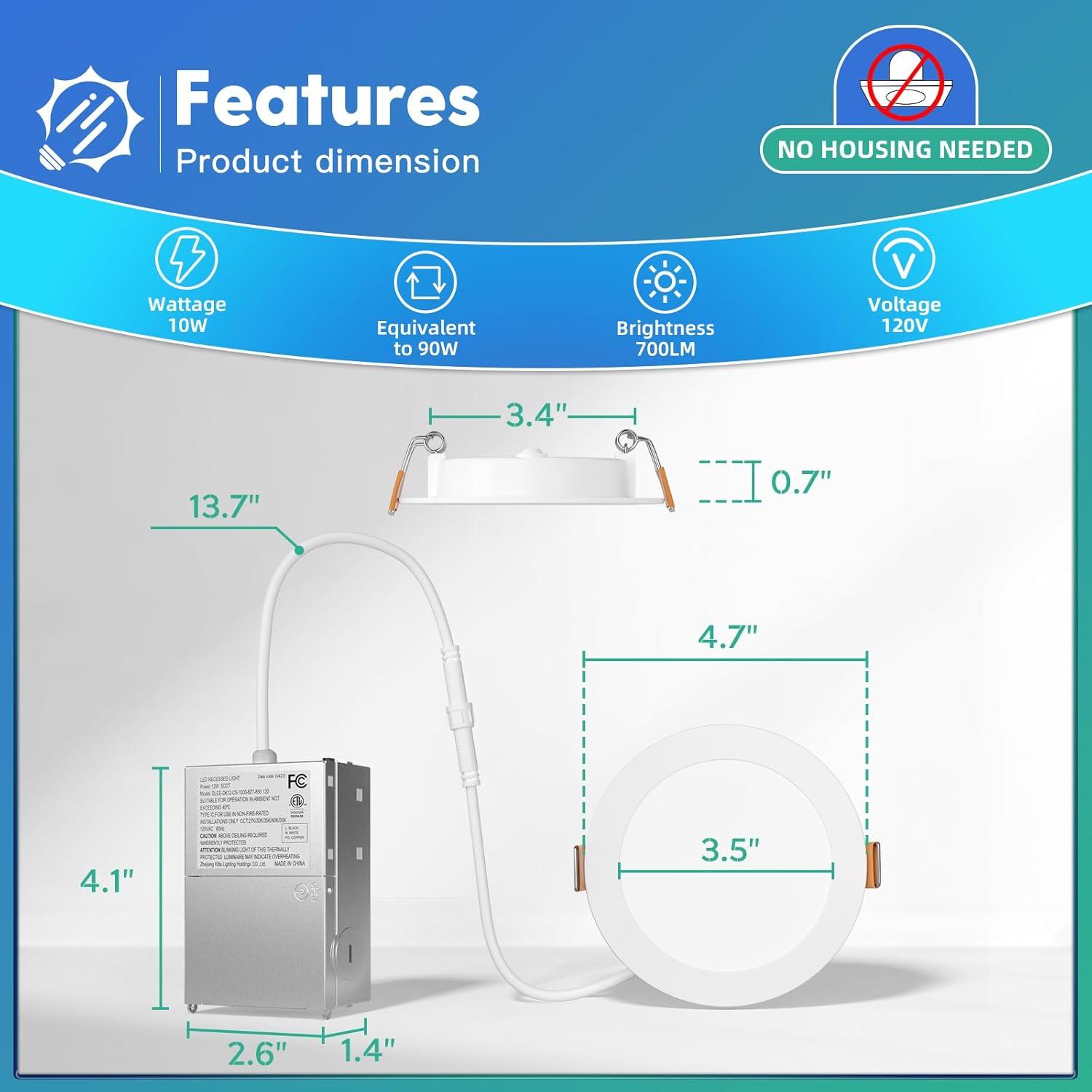 Beslowe 6 Packs 6 Inch 5CCT LED Recessed Ceiling Lights Ultra-Thin with Junction Box, 12W 150W Eqv, 3000K/3500K/4000K/5000K/6500K, 1200LM Dimmable Canless Downlights for Kitchen Hallway Dining Room