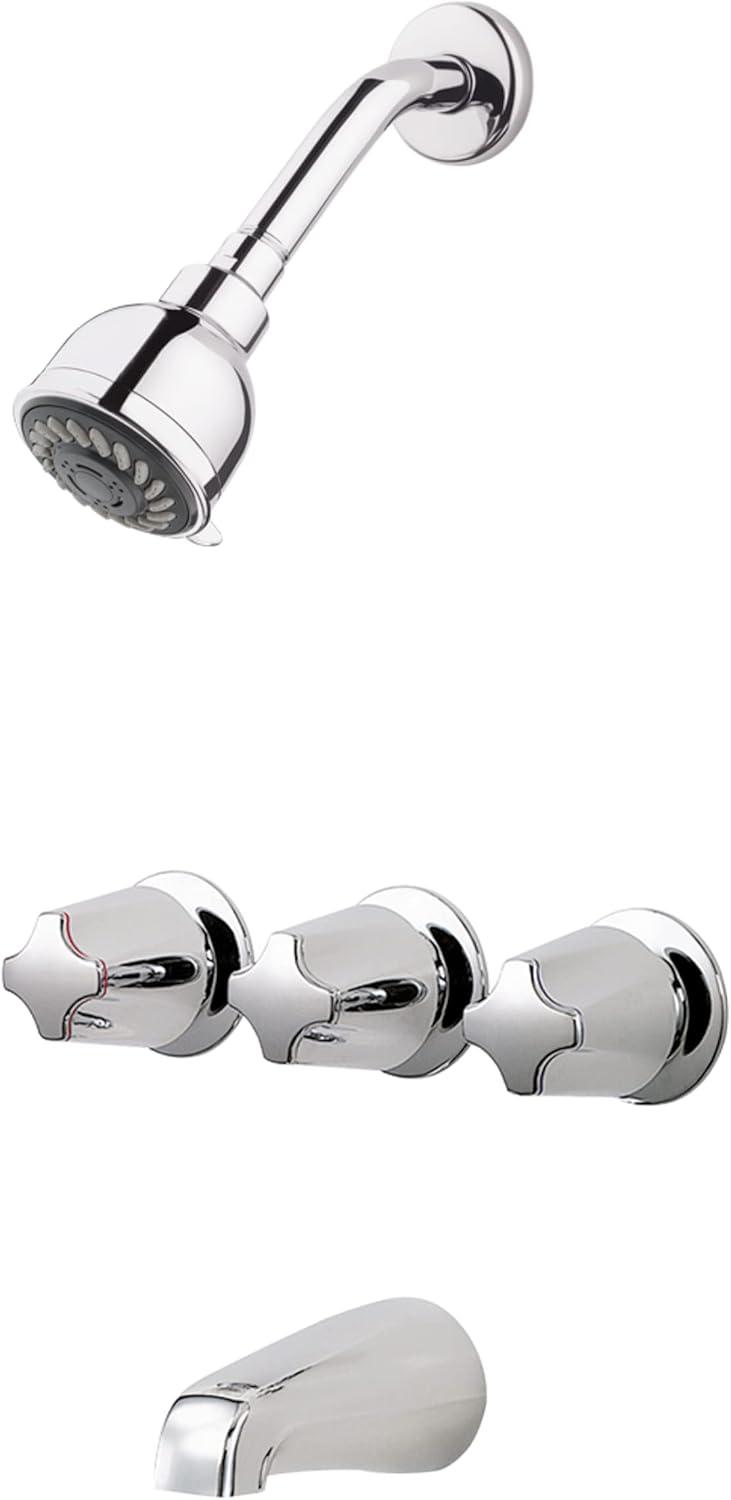 Polished Chrome Wall Mounted Triple Handle Tub and Shower Faucet