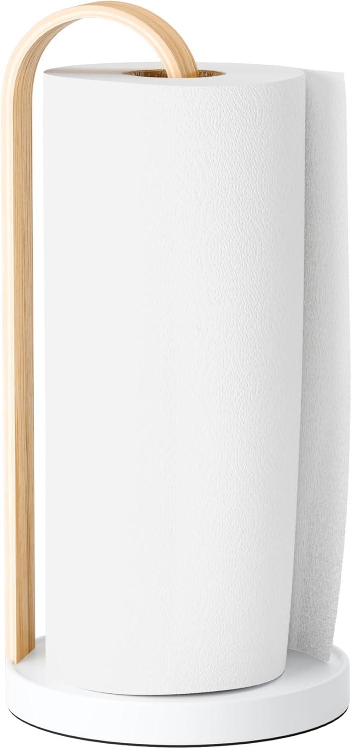 Umbra Bellwood Paper Towel Holder for Kitchen Countertop, with Real Wood Stand and Weighted Metal Base, White/Natural
