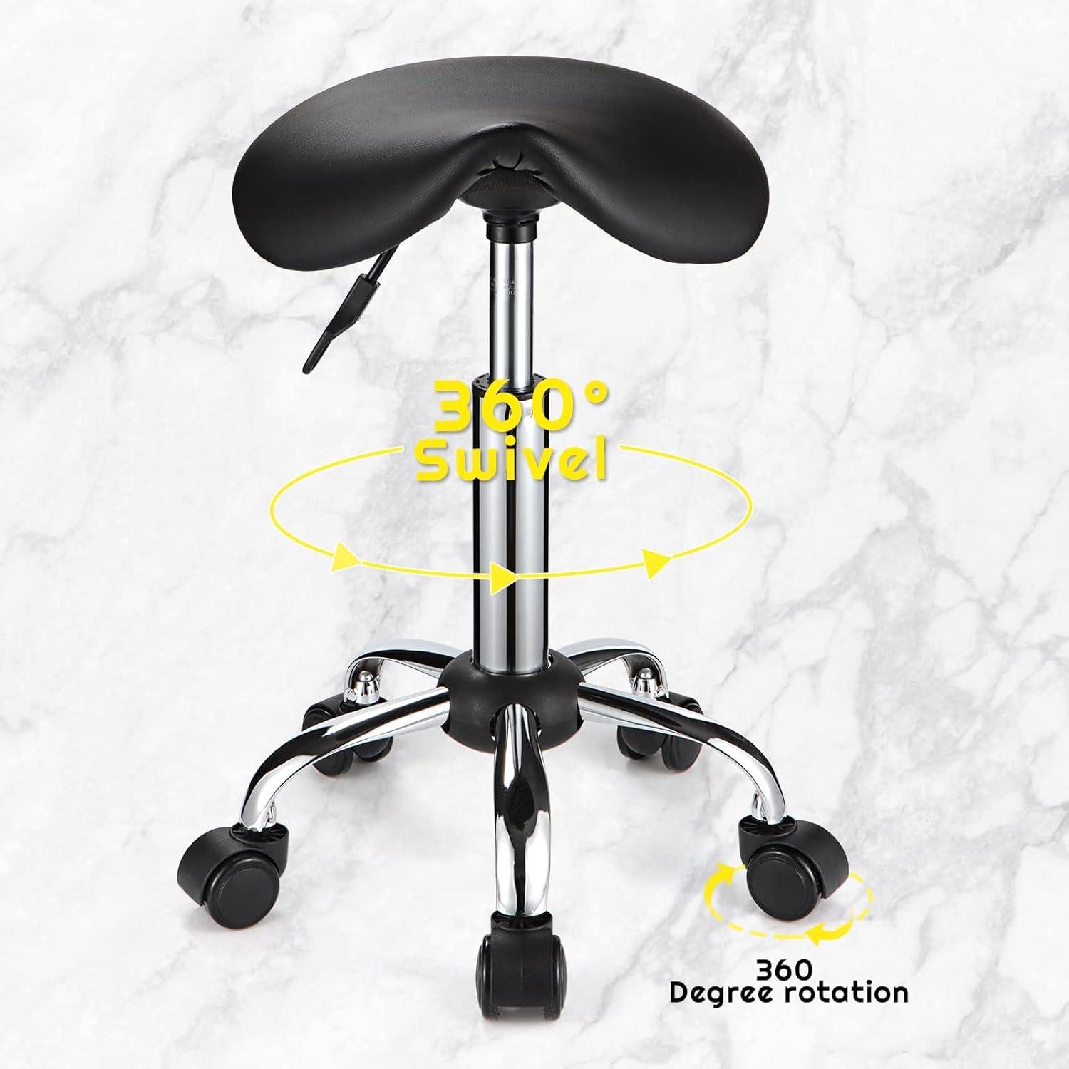 Adjustable Rolling Saddle Stool PU Leather Rolling Stool Salon Chair with Wheels Black