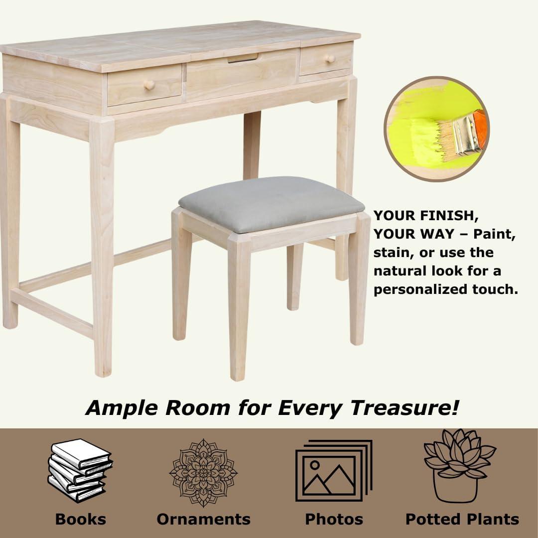 Alexandria Vanity Table with Vanity Bench Unfinished - International Concepts