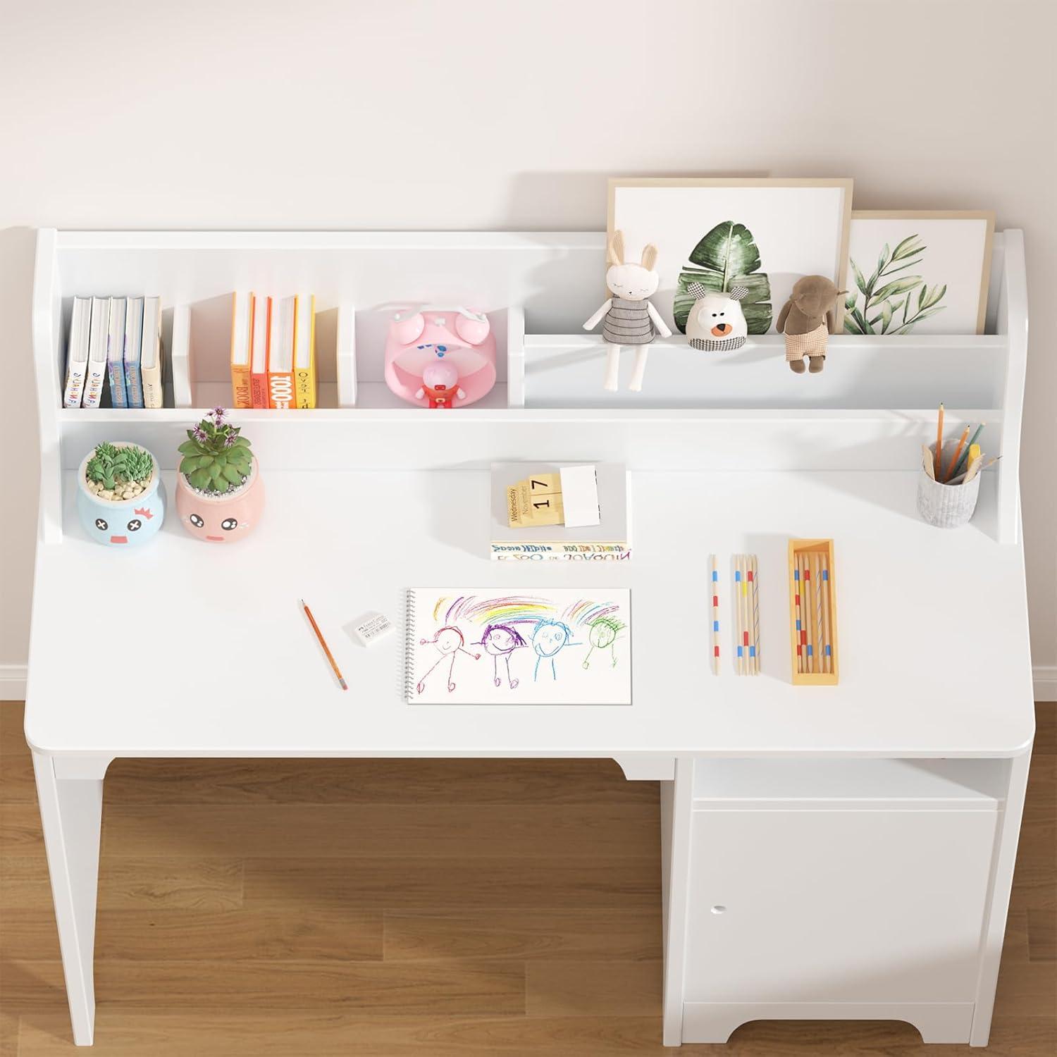 EastVita Kids Desk and Chair Set,Study Desk for Kids with Hutch, Storage Cabinet, Wooden Children Study Table, Student Writing Desk Computer Workstation