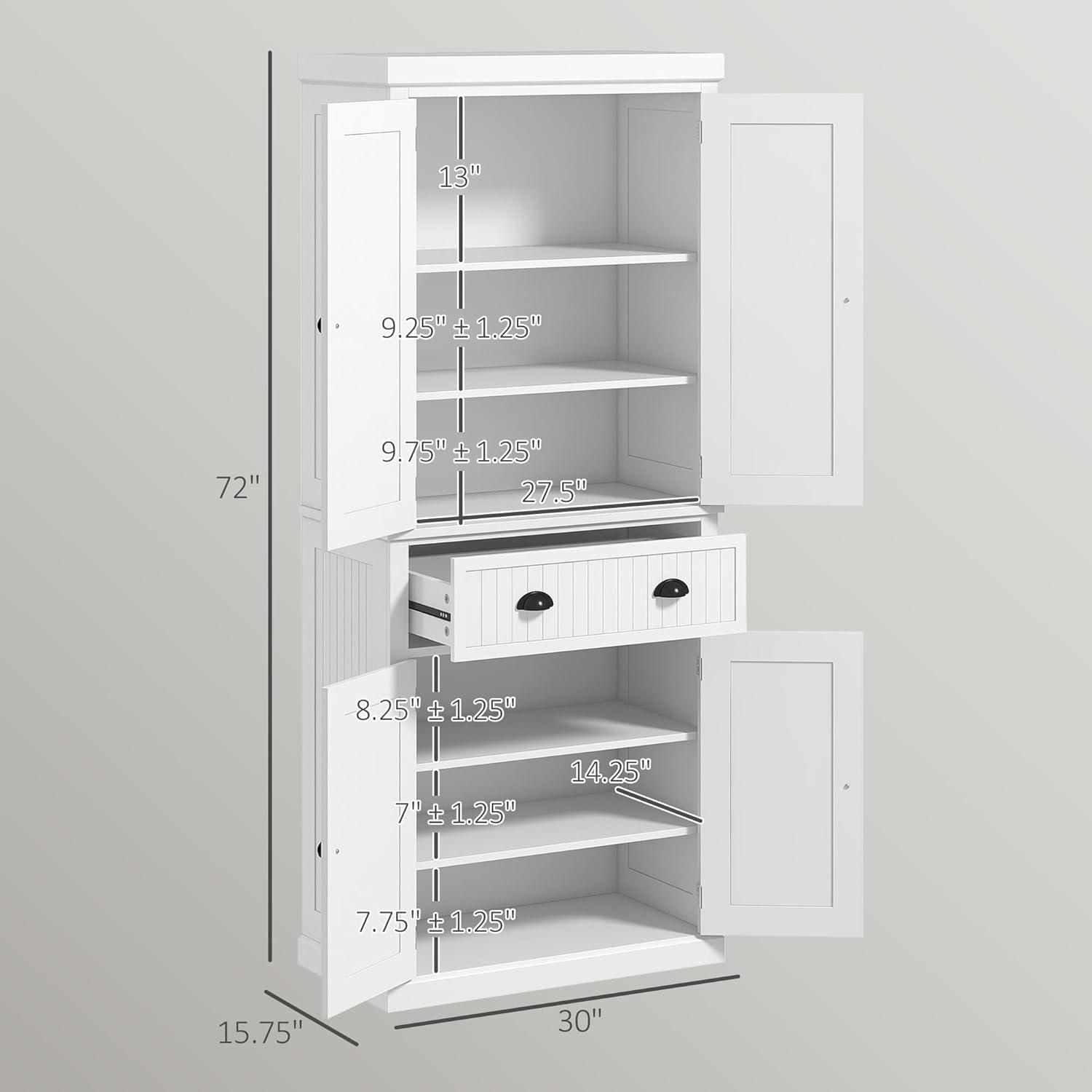 HOMCOM 72" Kitchen Pantry Storage Cabinet, Traditional Freestanding Cupboard with 4 Doors and 3 Adjustable Shelves, Large Central Drawer, White