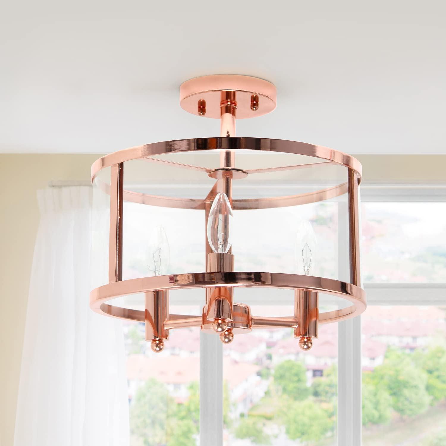 Elegant Designs 13" Iron and Glass 3-Light Traditional Farmhouse Semi Flush Mount, Rose Gold