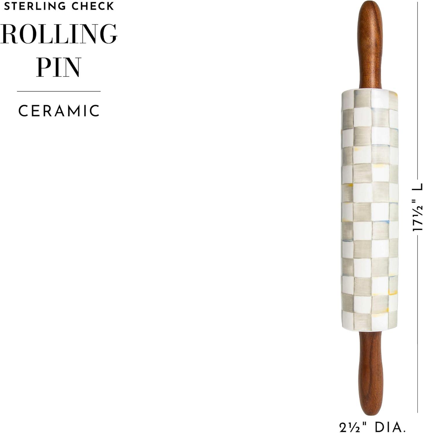 Gray and White Checkered Ceramic Rolling Pin with Wood Handles